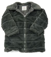 Tmavošedý žebrovaný kožešinový zateplený kabát s límečkem PRIMARK