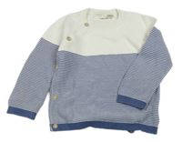 Tmavomodro-bílý zavinovací propínací svetr s pruhy lupilu