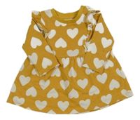 Okrové teplákové šaty s bílými srdíčky a volánky F&F