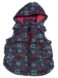 Tmavomodro-barevná vzorovaná šusťáková zateplená vesta s vločkami a srdíčky a kapucí YD