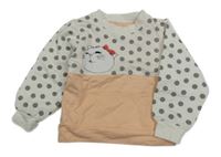 Bílo-meruňková mikina s puntíky a kočičkou a kapsou