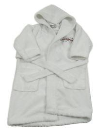 Bílý froté župan s nápisy a kapucí 