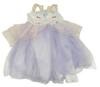 Kostým - Smetanovo-světlefialovo/růžové saténovo/tylovo/organzové šaty s jednorožcem 