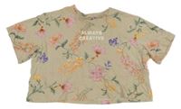 Béžové crop tričko s kytičkami a nápisy H&M