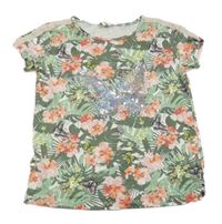 Smetanovo-khaki tričko s kytičkami a lístečky a motýlky a flitry dopodopo