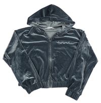 Tmavošedá sametová propínací crop mikina s nápisem a kapucí H&M