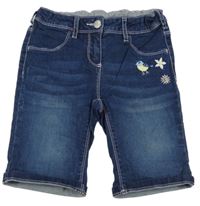 Tmavomodré capri rifle s ptáčkem a květy C&A