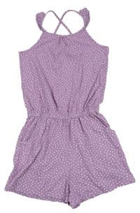 Fialovo-bílý vzorovaný letní overal s volánky YIGGA