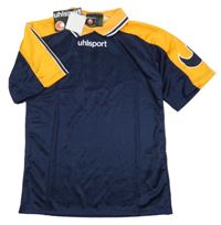 Nové - tmavomodro-oranžový vzorovaný funkčí dres s límečkem Uhlsport