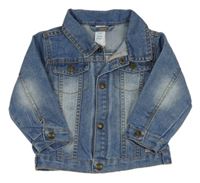 Modrá riflová bunda s nápisy a letadlem a límečkem C&A