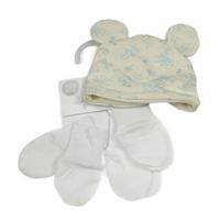 4set - Smetanová bavlněná čepice s Mickeym + 3x bílé rukavičky