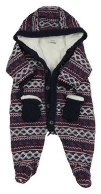 Tmavomodro-bílo-vínová vzorovaná zateplená kombinéza s kapucí + rukavice Mamas&Papas