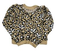 Hnědý svetr s leopardím vzorem a perlami s flitry River Island