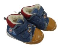 Nové - Modro-hnědo-vínové zateplené capáčky s nášivkami Primark vel. 18