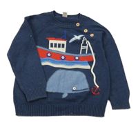 Tmavomodrý svetr s loďkou a velrybou Tu