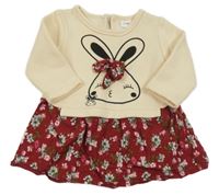 Béžovo-vínové teplákovo/plátěné šaty s králíkem a květy