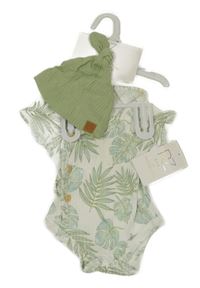 Nové - 2set - Smetanové žebrované body s listy + zelená žebrovaná čepice Rachel Zoe