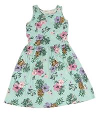 Světlezelené květované bavlněné šaty H&M