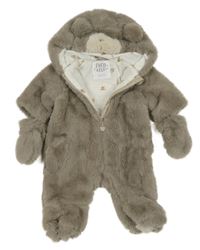 Šedá kožešinová podšitá kombinéza s kapucí + rukavice F&F