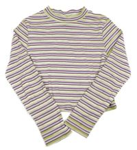 Zeleno-bílo-růžové pruhované žebrované crop triko H&M