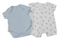 2 set - světlemodré body s hvězdičkami + bílý kraťasový overal s medvídky 