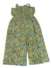 Černo-bílo-zeleno-modrý květovaný culottes overal Primark
