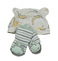 2set - Světlešedá čepice s banány + bílo-šedo-zelené pruhované ponožky s 3D chrastítky 