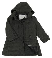 Černo-šedý puntíkatý zateplený vlněný kabát s kapucí 