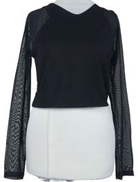 Dámské černé žebrované crop triko s tylovými rukávy H&M