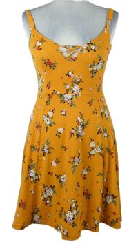 Dámské oranžové kytičkované šaty se šněrováním C&A