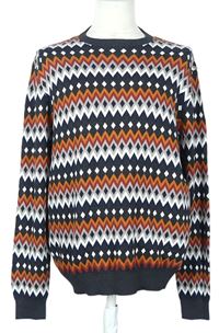 Pánský černo-oranžovo-šedý vzorovaný svetr 