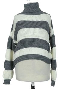 Dámský šedo-bílý pruhovaný crop svetr s rolákem 