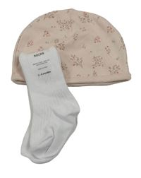 2set- světlerůžová květinová čepice+ bílé ponožky