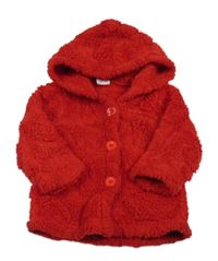 Červená chlupatá propínací mikina s kapucí