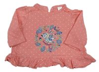 Korálové puntíkaté triko s ptáčkem a kytičkami Miniclub