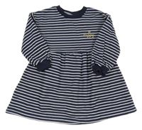 Tmavomodro-bílé pruhované bavlněné šaty se zlatým nápisem 