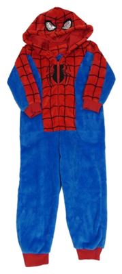 Modro-červená chlupatá kombinéza s pavoukem a kapucí - Spiderman 