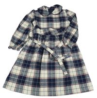 Tmavomodro-smetanovo-červené kostkované šaty s límečkem a páskem