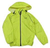 Neonově žlutá šusťáková jarní bunda s nápisem a kapucí 