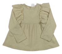 Smetanovo-zlatá pruhovaná úpletová tunika s volánky ZARA