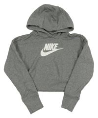 Šedá melírovaná crop mikina s logem a kapucí Nike 