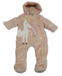 Světlerůžová kožešinová zateplená kombinéza s jednorožcem a kapucí F&F