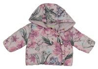 Fialová šusťáková prošívaná zimní bunda s květy a kapucí Tu