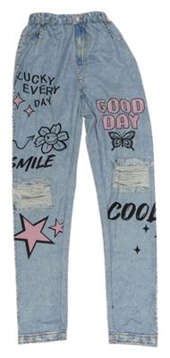 Světlemodré legíny riflového vzhledu s nápisy s obrázky 