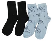 2x - Černé žebrované + světlemodré ponožky s dinosaury vel. 37-39
