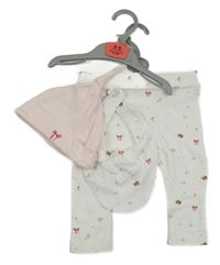 Nové - 3set - Bílé legíny s ptáčky + bílý bryndák + světlerůžová čepice Dunnes