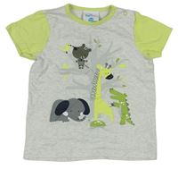 Světlešedo/zelené melírované tričko se zvířátky a stromem Topomini