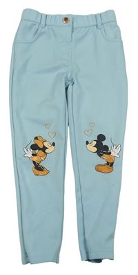 Světlemodré tregínové kalhoty s Minnie a Mickey zn. Tu