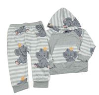 2Set - Šedo-bílo-modrošedá melírovano/pruhovaná mikina se sloníky a kapsou a kapucí + tepláky