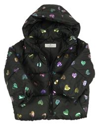 Černá prošívaná šusťáková zimní bunda s metalickými srdíčky a odepínací kapucí H&M
